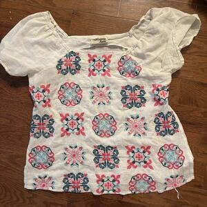 Savanah Jane Women's Short Sleeve Top Size M White Teal Pink Pattern Top Shirt